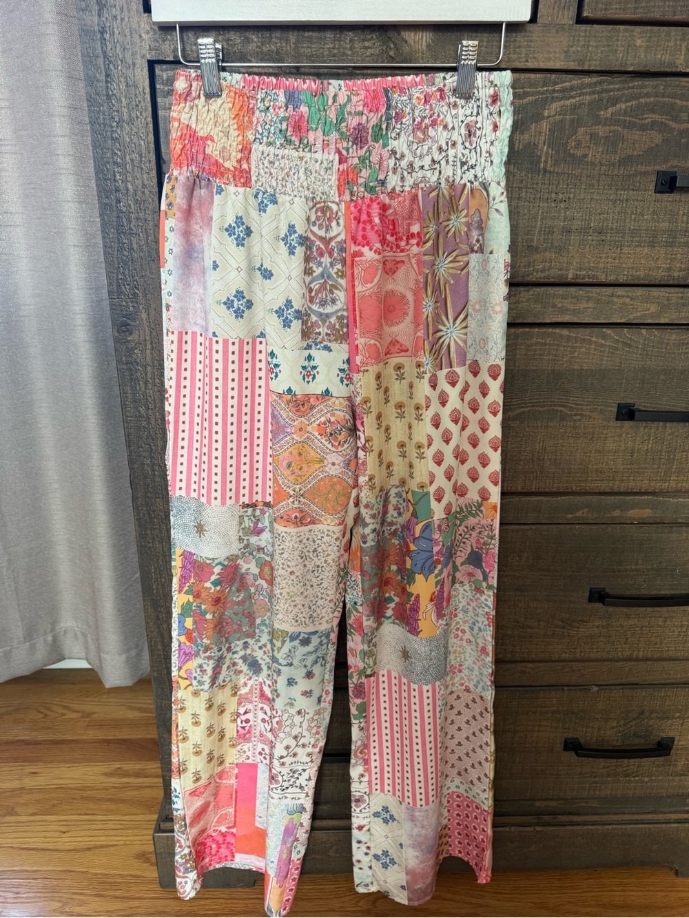 Patchwork Wide-Leg Trousers with Smocked Waist - Multicolor